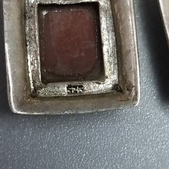 Vintage Sterling Silver Rectangle Red Stone Dangle Earrings, Minimal Design, 925 - Picture 4 of 9